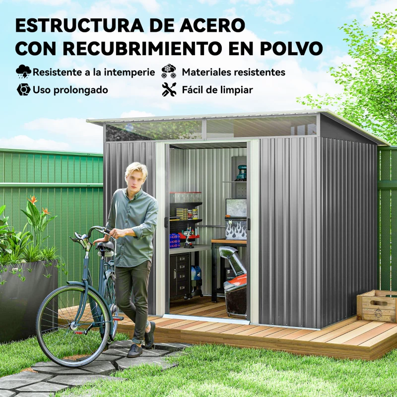 Outsunny Cobertizo de Jardín Exterior 4,5 m² 260x194x200 cm con Paneles Frontales Transparentes y 2 Puertas Corredizas Gris