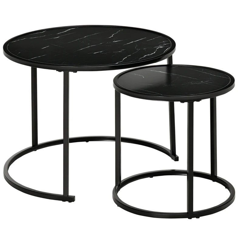 HOMCOM Lot de 2 Tables Basses Rondes gigogne empilables Plateau en bois aspect marbre et Pieds en métal Noir
