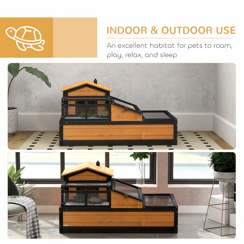 PawHut Maison pour tortues, 2 étages, pour intérieur et extérieur, tiroir, Bois de pin, Jaune(m-4)