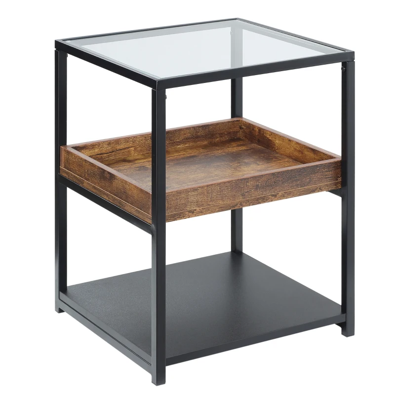 HOMCOM Industrial Side Table, 3-Tier End Table with Glass Top, Middle Tray and Storage Shelf, Nightstand with Steel Frame for Bedroom, Living Room, Rustic Brown