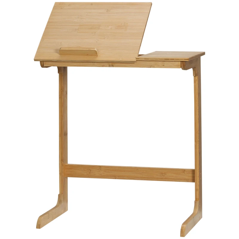 HOMCOM Mesa Auxiliar de Bambú en Forma de C con Encimera Abatible y Ángulo Ajustable 140-180° 60x33x67 cm Natural