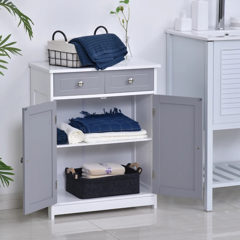 kleankin 75x60cm Freestanding Bathroom Storage Cabinet Unit w/ 2 Drawers Cupboard Adjustable Shelf Metal Handles Traditional Style Grey White