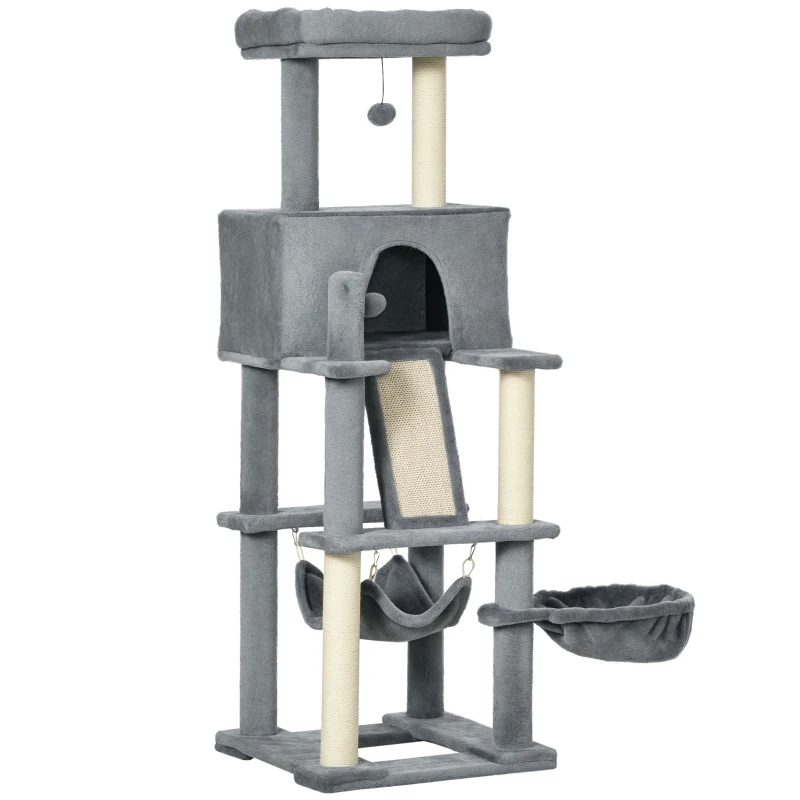 PawHut Albero Tiragraffi per Gatti con Pali in Sisal, Casetta, Lettino e Amache, 48x48x140cm, Grigio