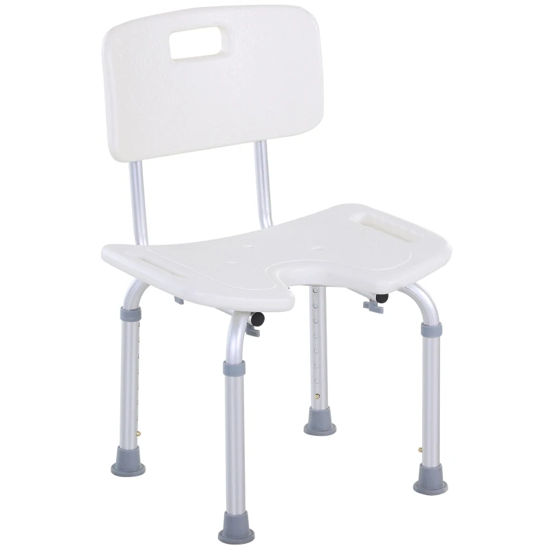 HOMCOM Taburete de Ducha Silla de Baño con Respaldo Altura Ajustable en 6 Niveles Pies Antideslizantes para Ancianos 39,5x36,5x71-83,5 cm Blanco