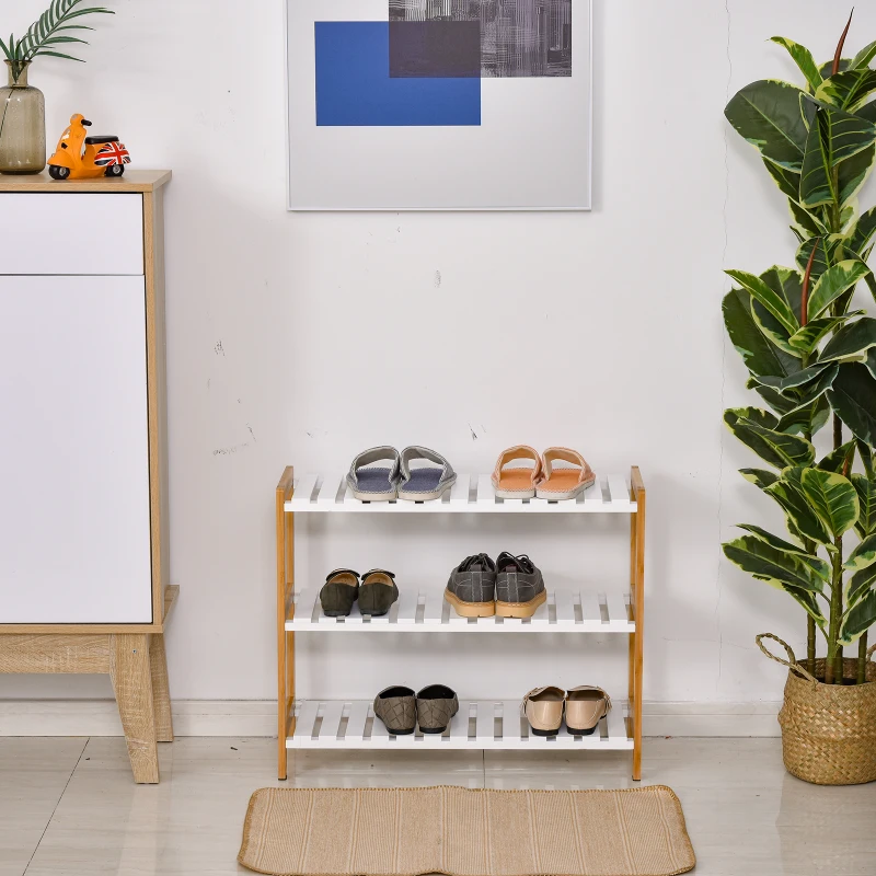 HOMCOM 3-Tier Shoe Rack, Narrow Shoe Shelf with Wood Frame and Slatted Shelves for Hallway, Entryway, 70L x 26W x 57.5H cm, Natural