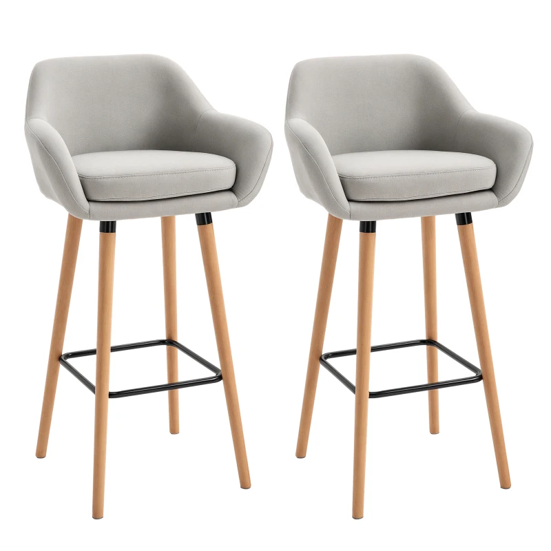 HOMCOM Set of 2 Bar Stools Modern Upholstered Seat Bar Chairs w/ Metal Frame, Solid Wood Legs Living Room Dining Room Fabric Furniture - Beige