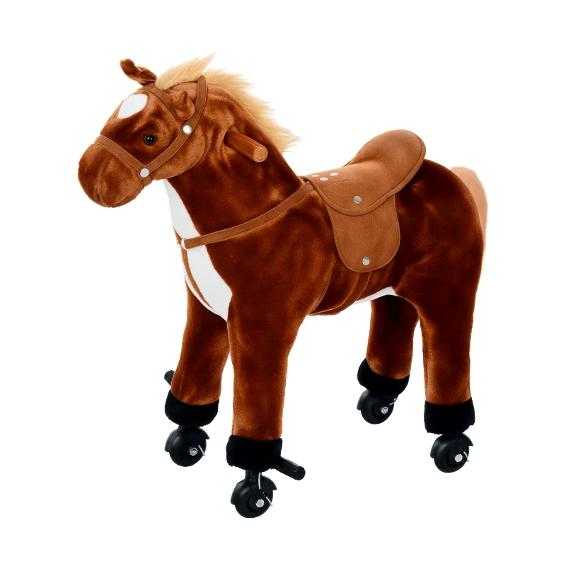 HOMCOM Cavalo de Brinquedo para Crianças de +3 Anos com Rodas Sons e Estrutura de Metal Carga 60kg 65x28x75 cm Castanho