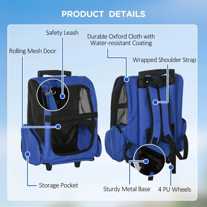 PawHut Pet Carrier on Wheels, 2 in 1 Pet Backpack Cat Puppy Dog Carrier w/ Telescopic Handle for Travel, Blue