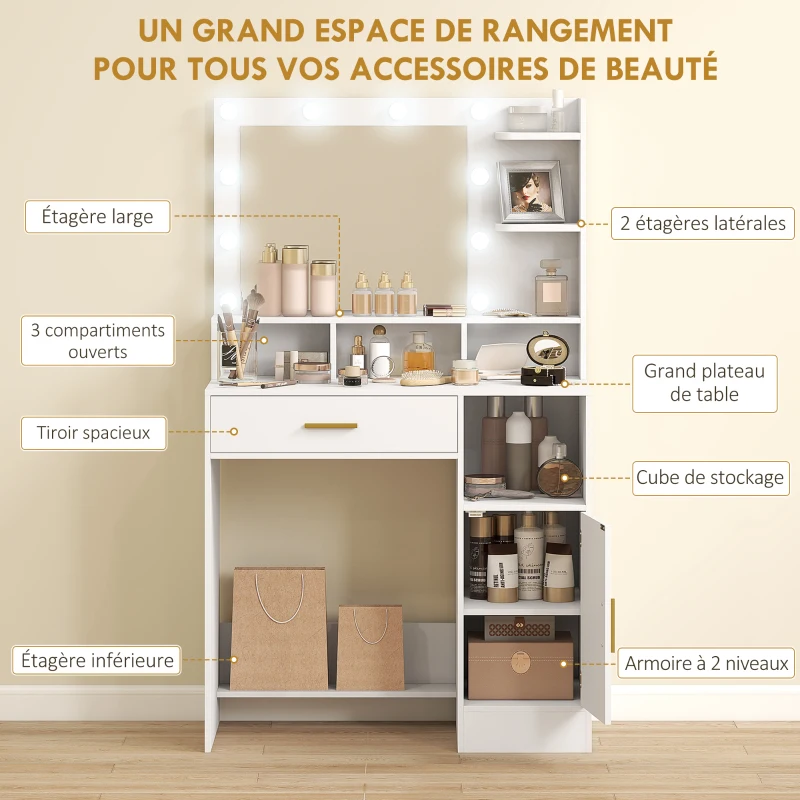 HOMCOM Coiffeuse avec miroir et 10 lumières LED, luminosité réglable, tiroir, placard et étagères ouvertes, 80x40x135cm, blanc