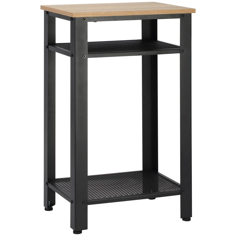 HOMCOM Industrial Side Table, 3-tier End Table with 2 Mesh Shelves and Metal Frame, Bedside Nightstand for Bedroom, Oak