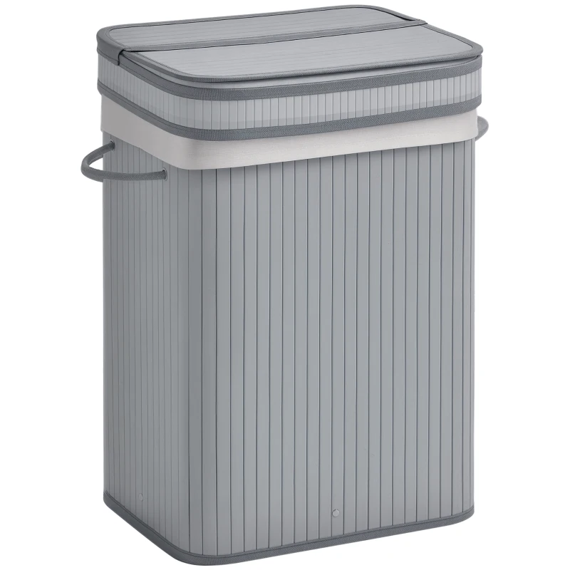 HOMCOM 70 Litre Foldable Wood Laundry Basket A Compartment with Flip Lid Removable Lining Handles Dirty Clothes Storage Grey