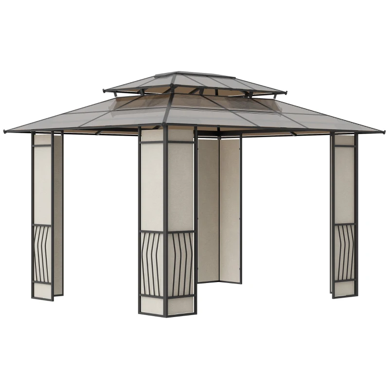 Outsunny Gartenpavillon Pavillon mit Sonnendach aus Polycarbonatplatten UV-Schutz wasserabweisend Robust Braun+Hellgrau 3,65 x 3 x 2,75 m