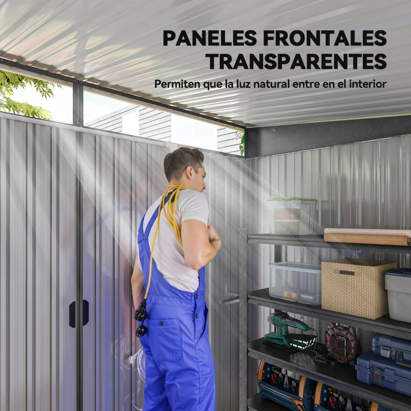 Outsunny Cobertizo de Jardín Exterior 4,5 m² 260x194x200 cm con Paneles Frontales Transparentes y 2 Puertas Corredizas Gris