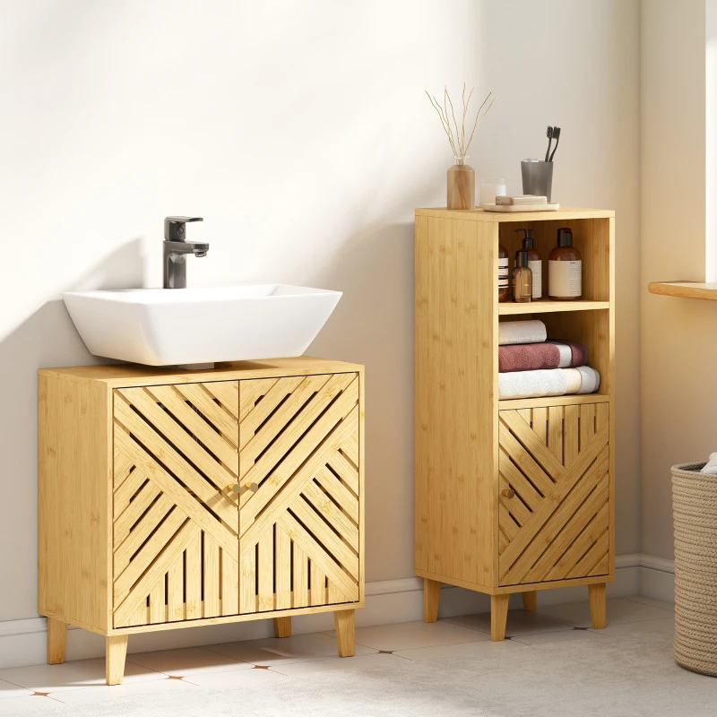 HOMCOM Meuble sous lavabo, meuble de salle de bain en bambou avec étagère réglable et portes à lattes 60 x 30 x 60 cm, naturel
