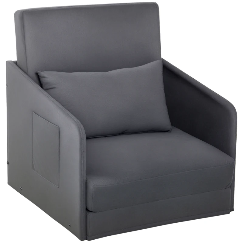 HOMCOM Schlafsofa Sofabett Einzelsofa Waschbarer Bezug 2 Seitentaschen Kissen Metall Grau 70 x 76 x 77 cm