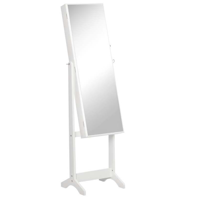 HOMCOM Full Length Mirror with Storage, Jewellery Cabinet with Mirror, Adjustable Angle and Stand, Lockable Jewellery Organiser for Bedroom Dressing Room, White