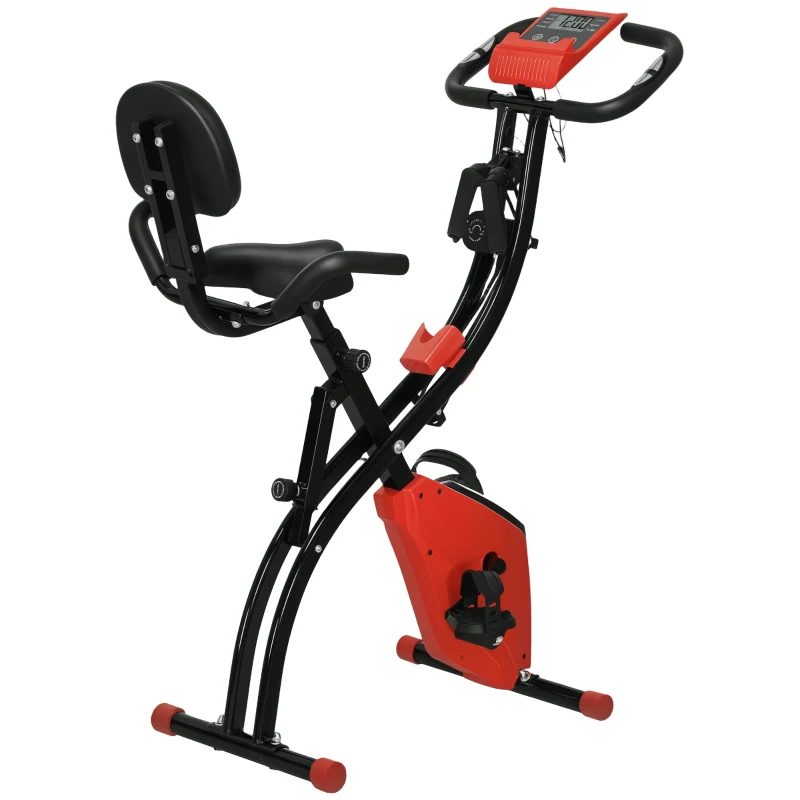 HOMCOM Vélo d'appartement pliable, vélo d'exercice, home traîner pour adultes, 8 niveaux de résistance magnétique, capteurs pouls main, écran LCD multifonction, selle réglable, acier, rouge, noir