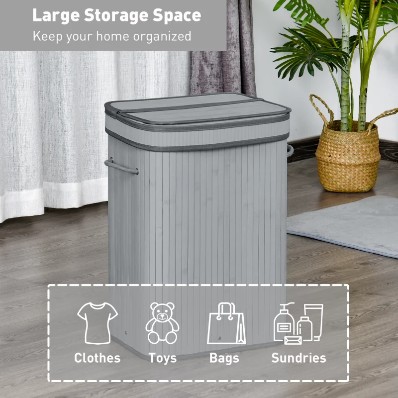 HOMCOM 70 Litre Foldable Wood Laundry Basket A Compartment with Flip Lid Removable Lining Handles Dirty Clothes Storage Grey