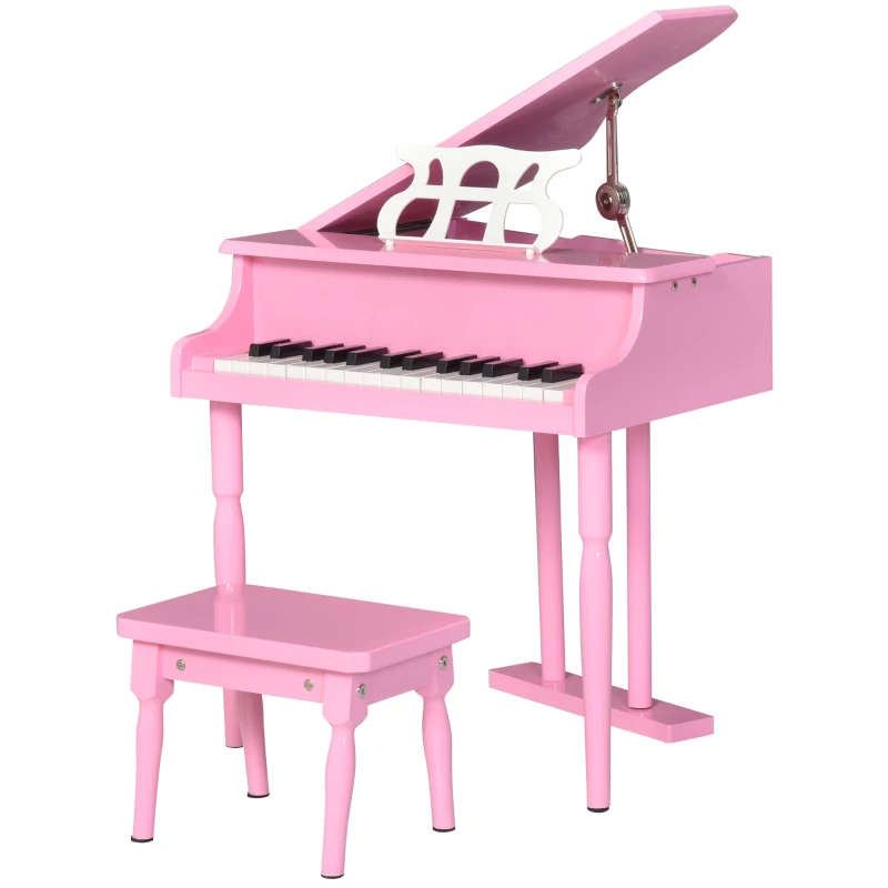 HOMCOM Piano de Cola Infantil de MDF con 30 Teclas Taburete y Atril de Partituras Piano para Niños Instrumento Musical Didáctico 52x50x49 cm Rosa