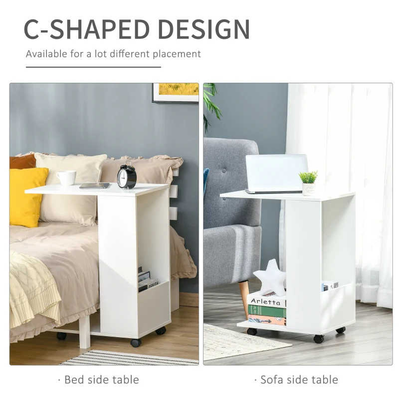 HOMCOM C-Shape Sofa Side Table with Wheels and Storage, Mobile End Table for Laptop, Coffee, Snack, White