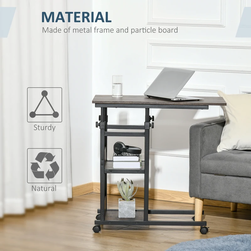 HOMCOM 3-Tier Mobile Side Table, C-Shaped End Table, Industrial Couch Table with Adjustable Height, Storage Shelves, Rustic Brown