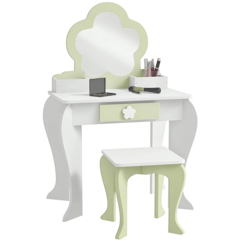 ZONEKIZ Toucador Crianças com Espelho e Banco Toucador de Maquilhagem para Crianças de 3-6 Anos 55x34x87,5 cm Branco e Verde Pastel