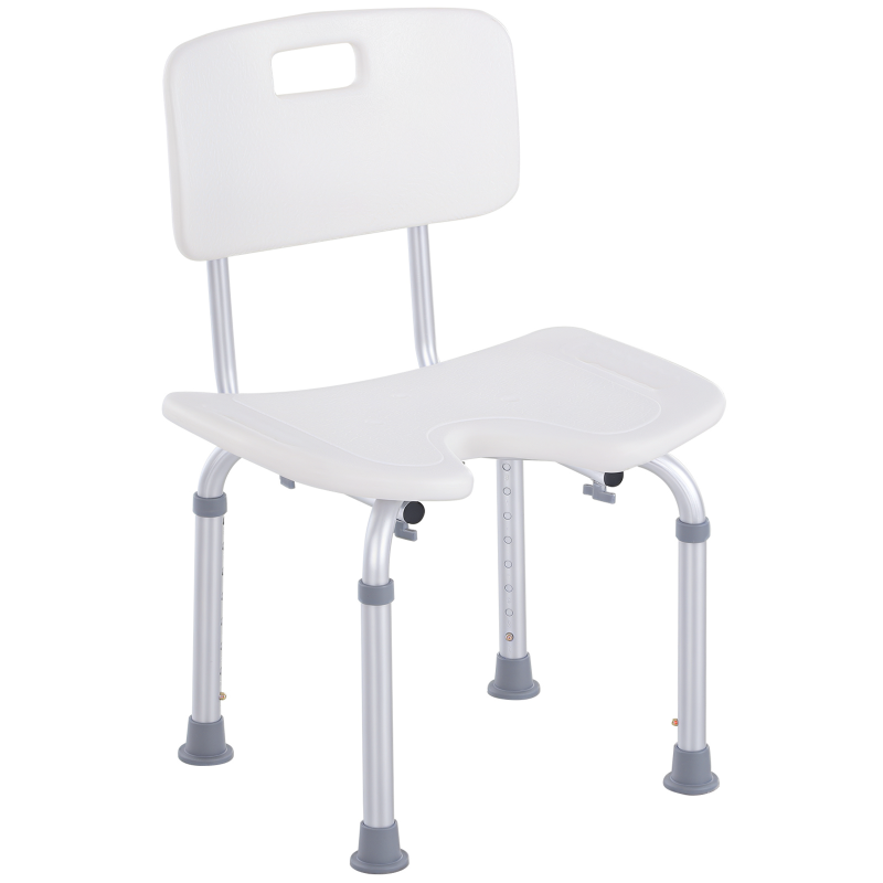 HOMCOM Sedia Doccia Regolabile su 8 Livelli con Fori di Drenaggio, in Alluminio e PE, 48x42x71-83.5 cm, Bianco e Argento