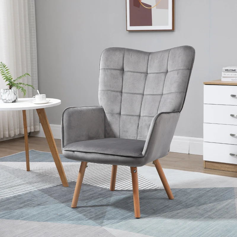 HOMCOM Modern Accent Chair Velvet Tufted Wingback Armchair Upholstered Leisure Club Chair with Wood Legs, Grey