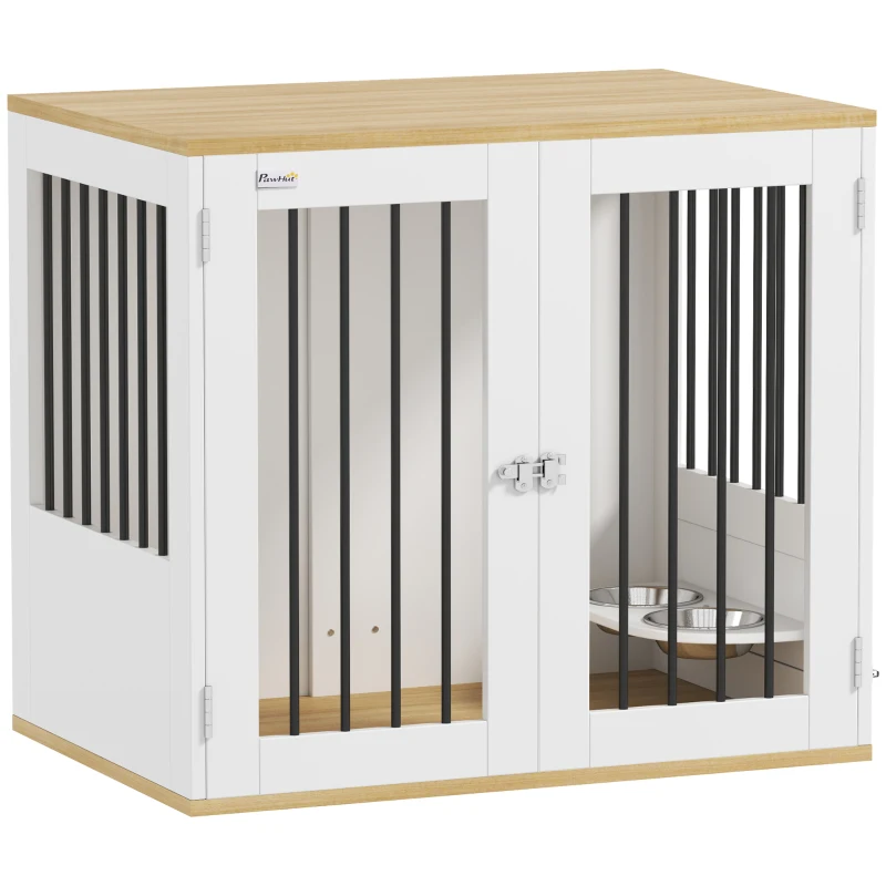 PawHut Cage pour chiens, table d'appoint, gamelles amovibles rotatives à 360° 2 portes pour chien moyenne 80x55x71,5cm blanc