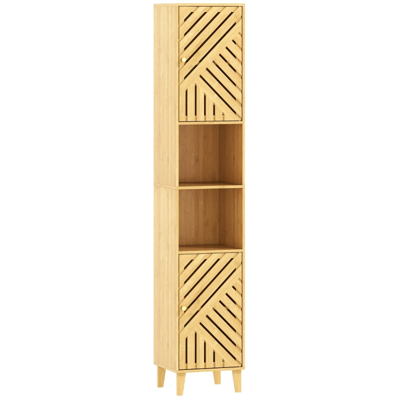 HOMCOM Columna de Baño Estrecha con Puertas y Patas de Bambú Estantes Ajustables Compartimento Abierto 32x30x170 cm Natural