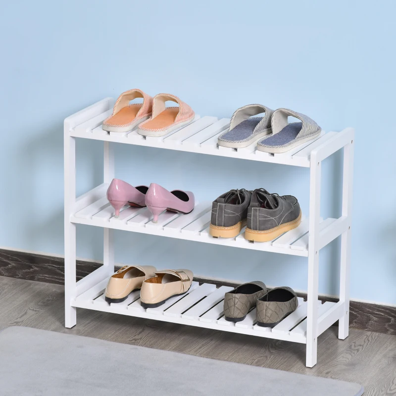 HOMCOM 3-Tier Shoe Rack, Narrow Shoe Shelf with Wood Frame and Slatted Shelves for Hallway, Entryway, 70L x 26W x 57.5H cm, White
