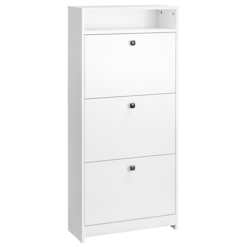 HOMCOM Narrow Shoe Cabinet with 3 Flip Doors, 14-18 Pairs Shoe Cupboard with Open Shelf for Slim Hallway and Entryway, 24 x 60 x 132 cm, White