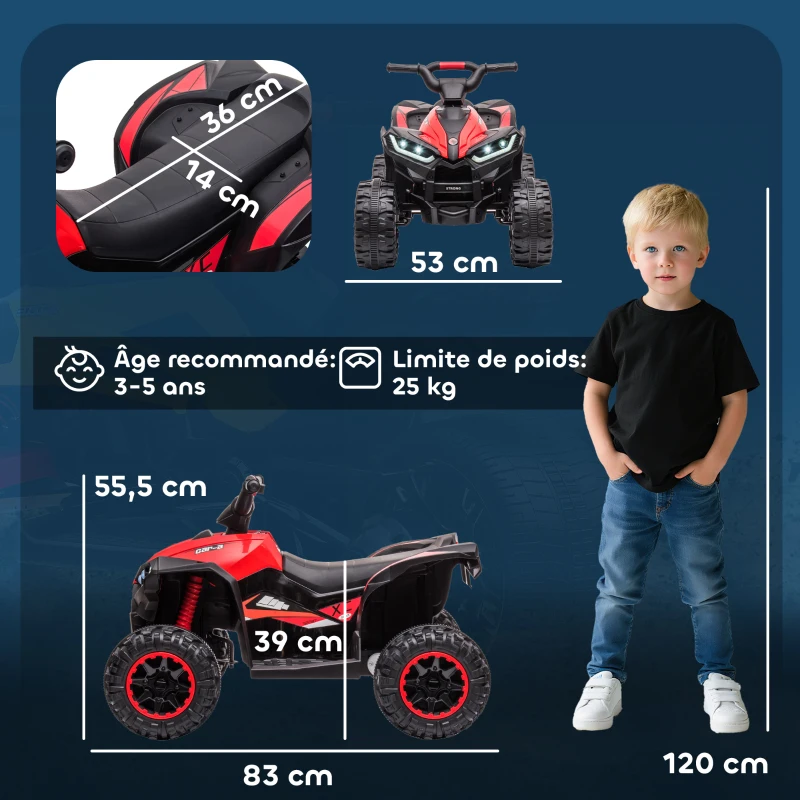 HOMCOM Quad électrique enfant de 3 à 5 ans 12 V 2 moteurs 2 vitesses 3-6 km/h phares LED klaxon rouge(m-3)