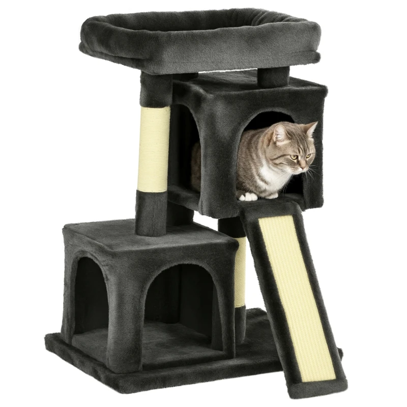 PawHut Albero Tiragraffi per Gatti con Pali in Sisal, Lettino e 2 Casette, 59x39x83cm, Grigio Scuro