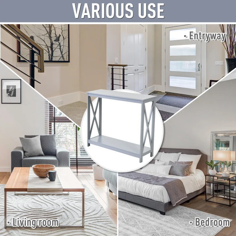 HOMCOM Console Table, Modern Hallway Table with Bottom Storage Shelf and X-frame, Sofa Table for Living Room, Entryway, Grey