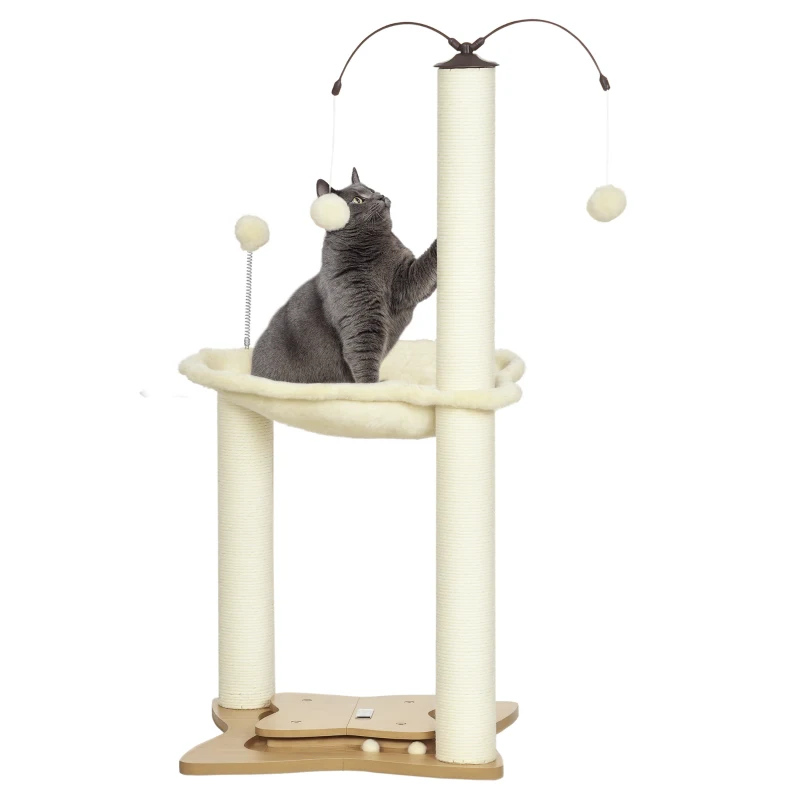 PawHut Albero Tiragraffi per Gatti max 5kg con Amaca, Palline da Gioco e Pali in Sisal, 53.5x53.5x90 cm, Beige