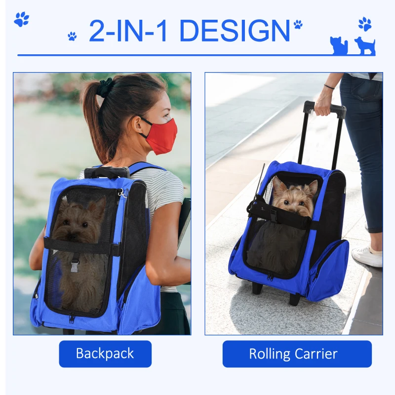 PawHut Pet Carrier on Wheels, 2 in 1 Pet Backpack Cat Puppy Dog Carrier w/ Telescopic Handle for Travel, Blue