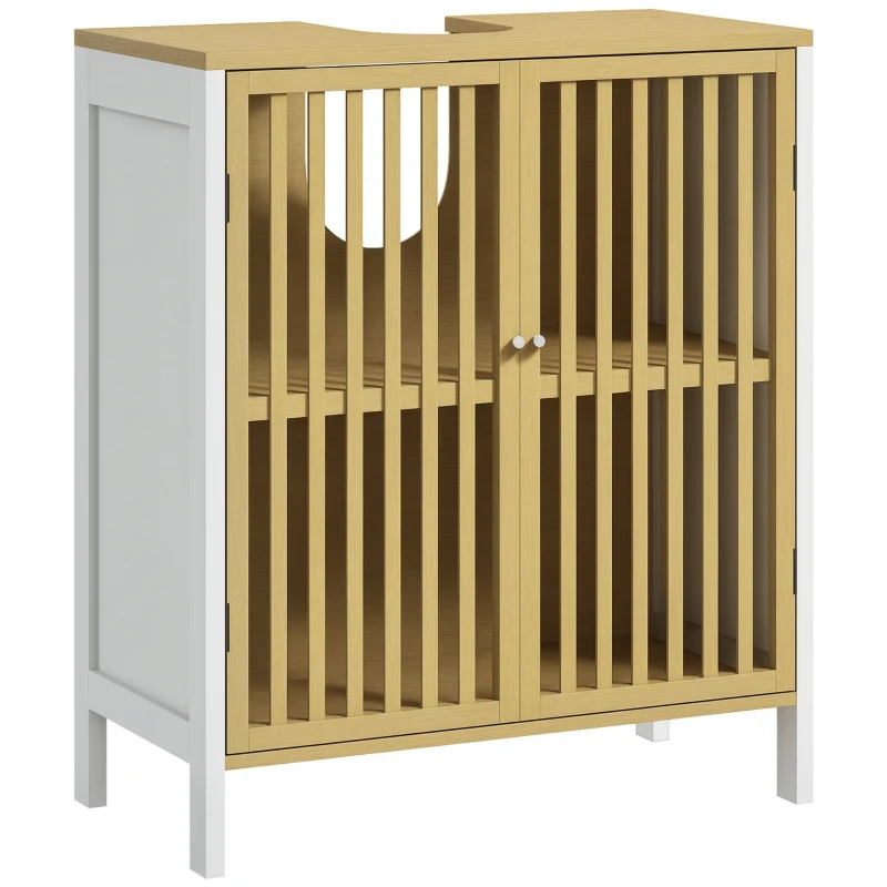 HOMCOM Móvel para Lavatório Pousar de Bambu para Casa de Banho com Porta Dupla e Prateleira Ajustável 60x30x70 cm Natural e Branco