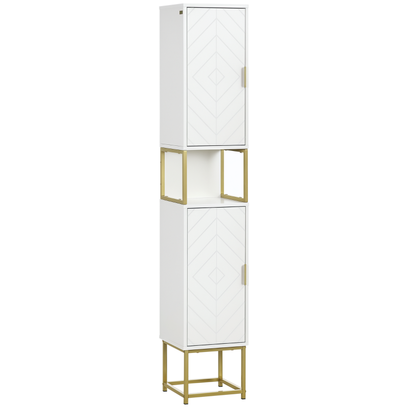 kleankin Colonna Bagno con 2 Armadietti e Ripiano in MDF e Acciaio, 30x30x170.7cm, Bianco e Oro