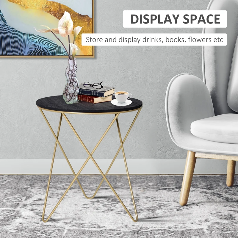 HOMCOM Round End Table, Sofa Side Table with Wood Grain Top and Metal Crossed Legs, Accent Coffee Table for Living Room, Bedroom, Black, Gold Tone