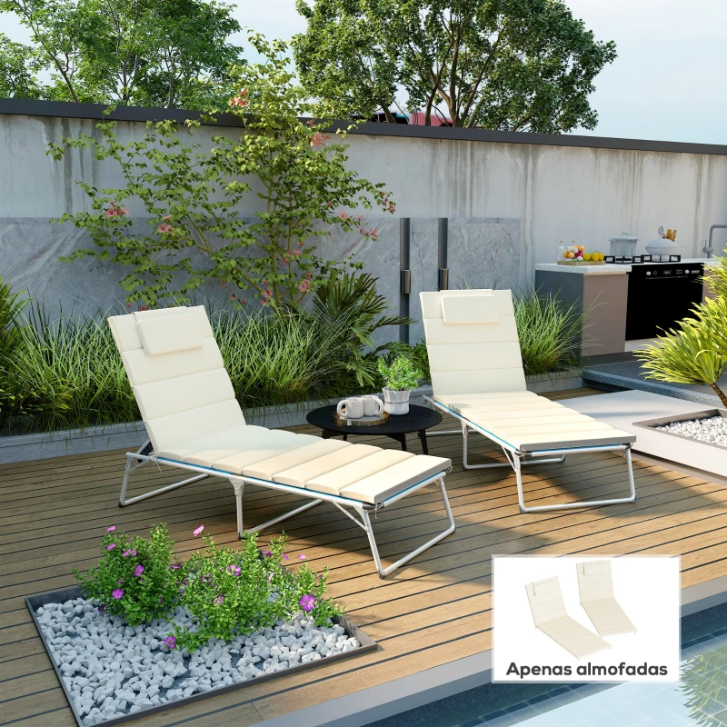 Outsunny Conjunto de 2 Almofadas para Espreguiçadeira Dobráveis 203x66x3 cm com Apoio para a Cabeça e Correias de Sujeição Creme