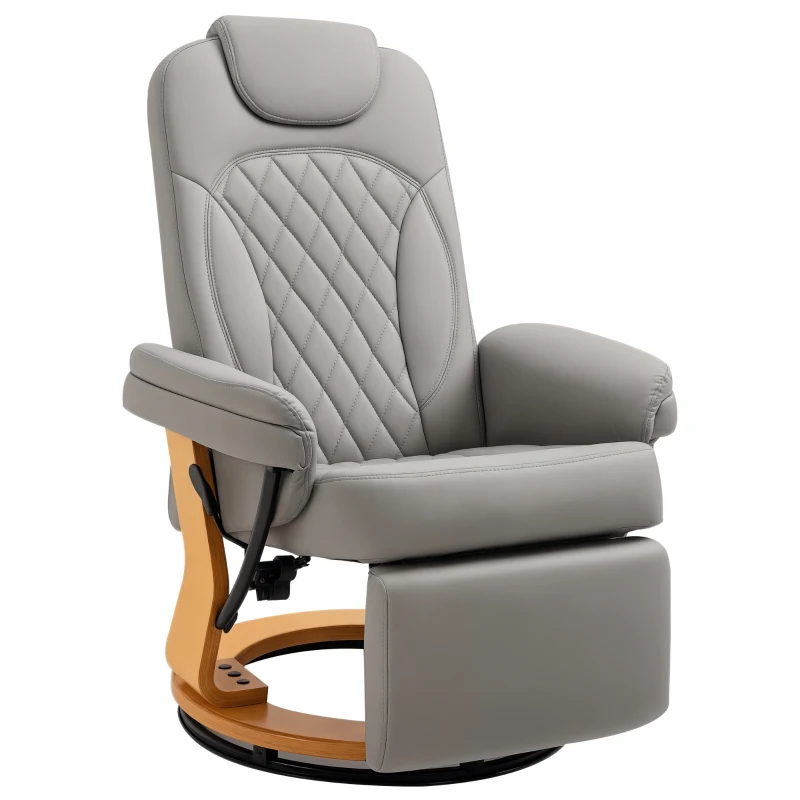 HOMCOM PU Recliner Chair with Footrest, Headrest, Round Wooden Base, Lounge Reading Armchair for Living Room, Bedroom and Office, Grey