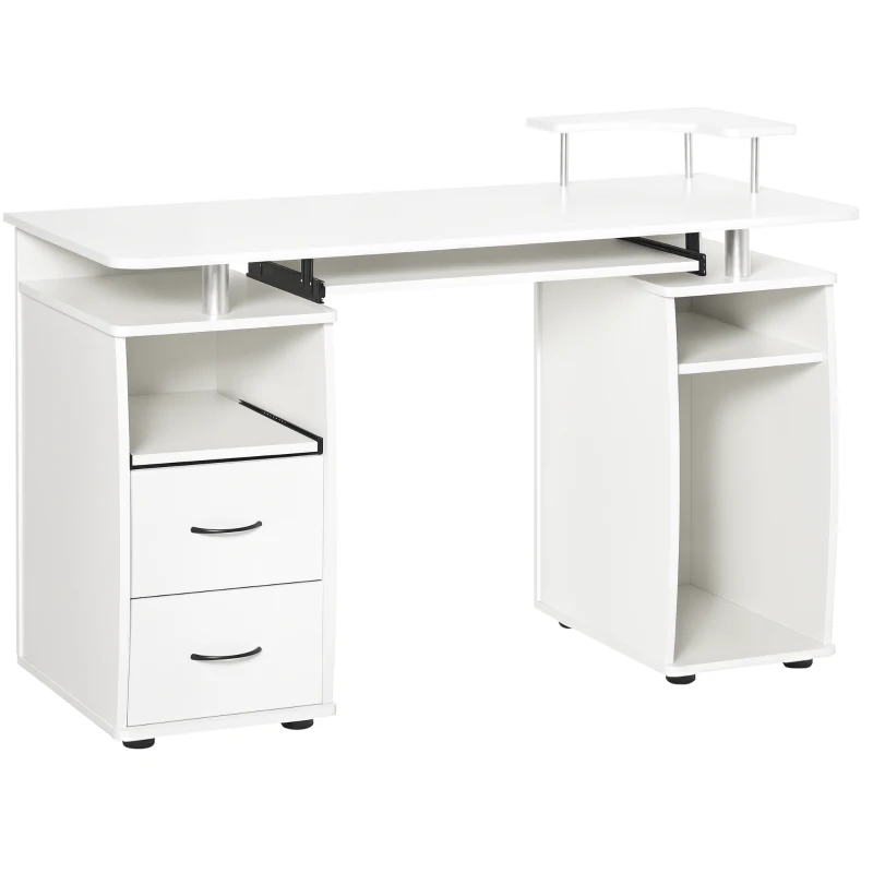 HOMCOM Birou pentru PC din PAL otel cu tastatura raft pentru monitor sertare spatiu pentru computer alb pentru sufragerie camera de zi dormitor