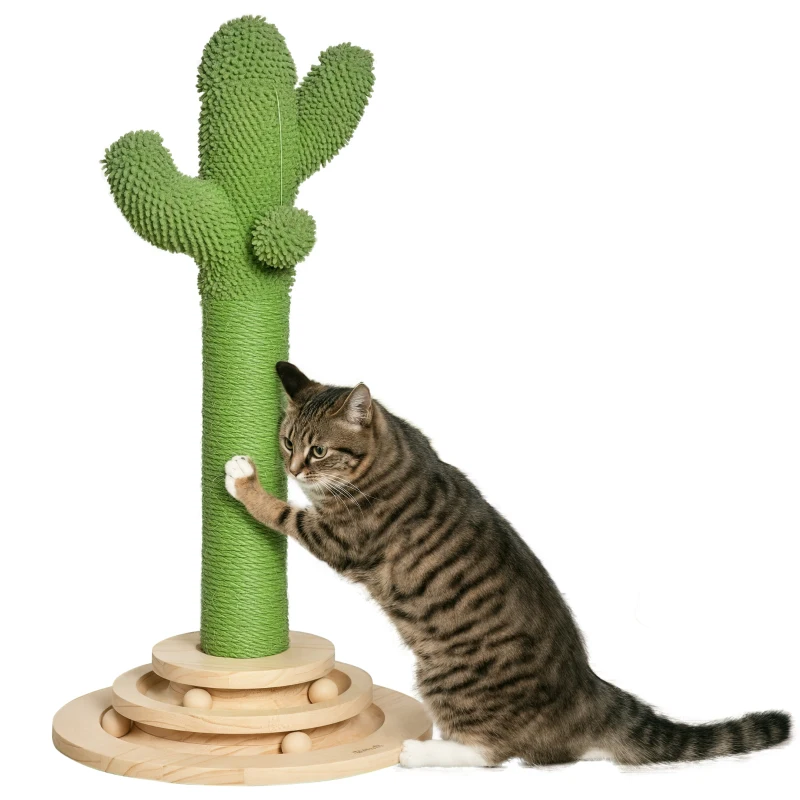 PawHut Cat Tree Cactus-Shaped Tower Kitten Furniture w/ Sisal Scratching Post Hanging Toy Fun Cat Ball Platform – Green