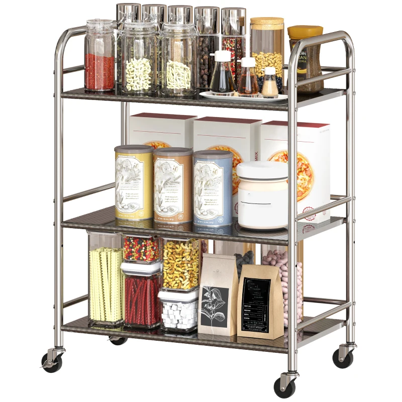 HOMCOM Desserte cuisine, chariot de service à 3 niveaux en acier inoxydable 201 avec poignées, roues, 60 x 35 x 77 cm, argenté