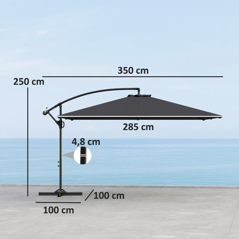 Outsunny Parasol déporté rectangulaire 3,6x3,9 m avec manivelle, base en croix, parasol inclinable et rotation à 360°, gris