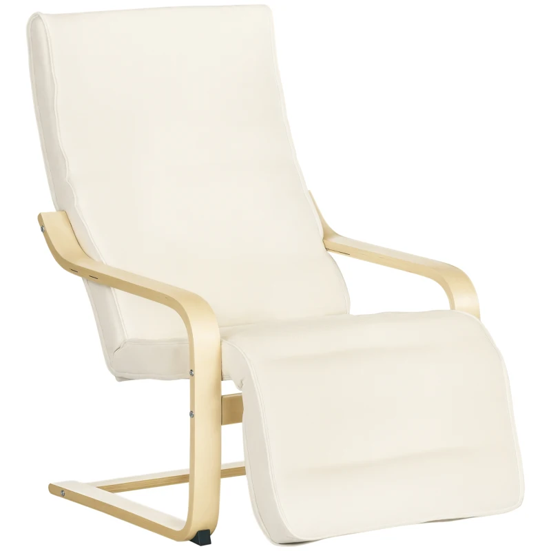 HOMCOM Poltrona Relax con Poggiapiedi a 5 Livelli e Poggiatesta, Legno di Betulla e Tessuto, 66,5x94x100 cm, Crema