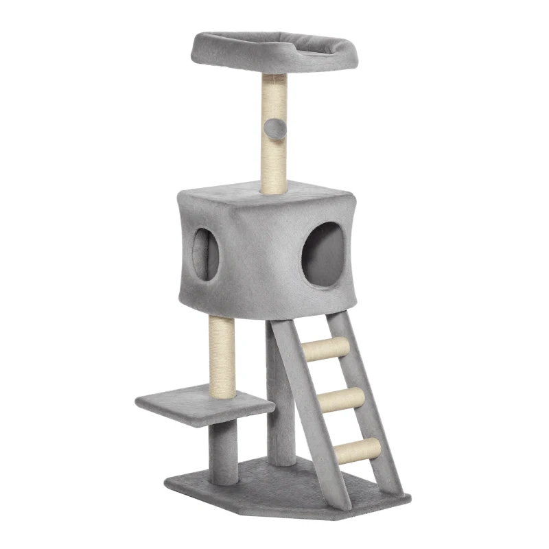 PawHut Tiragraffi Multilivello Palestra per Gatti con Cuccia, Scala e Corde in Sisal, Grigio Chiaro, 50x40x120cm