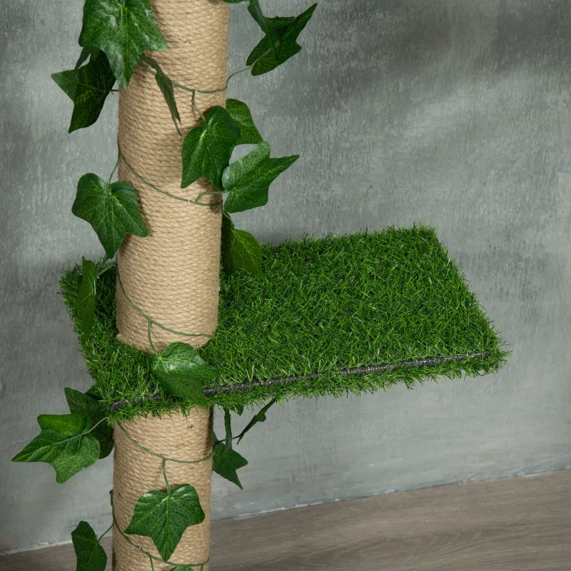 PawHut 242cm Adjustable Floor-To-Ceiling Cat Tree, with Artificial Decoration, Perches, Anti-Slip Kit - Green