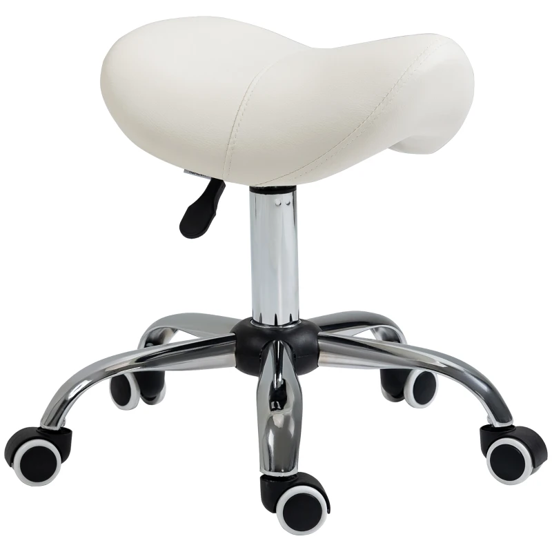HOMCOM Height Adjustable Saddle Stool with Swivel Wheels, Faux Leather Salon Chair for Hairdressing, Beauty, Tattoo, White